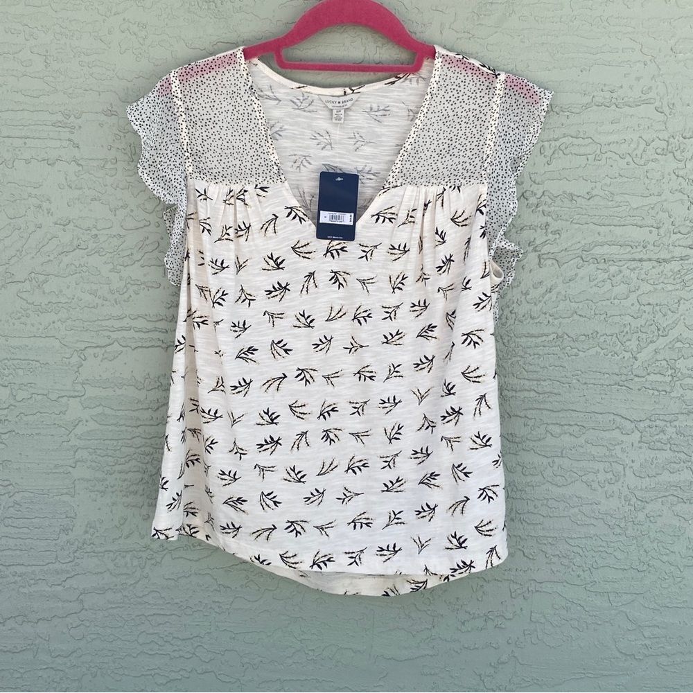 Lucky Brand NWT Sz S Top With Sheer Ruffle Sleeves